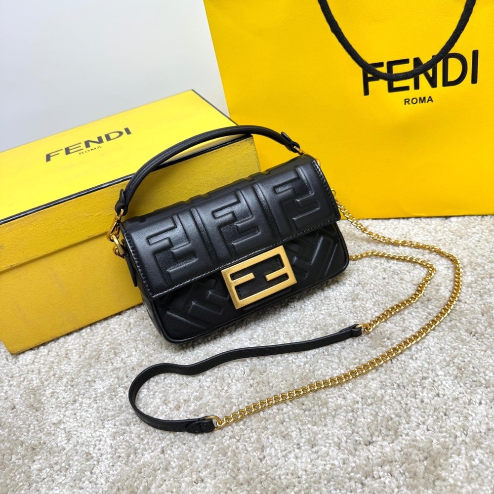 Fendi Black Embossed Leather Shoulder Bag with Gold
Hardware